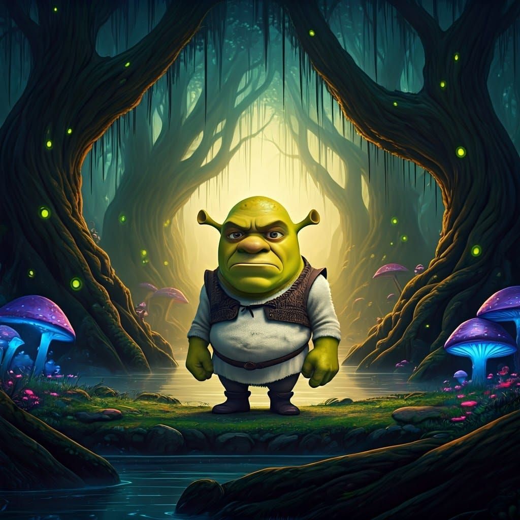 Minion-Shrek Hybrid in Mystical Swamp, Matte Painting