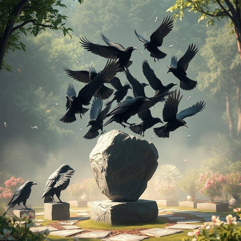 Stone Sculpture Transforms into Flying Crows in Ethereal Gar...
