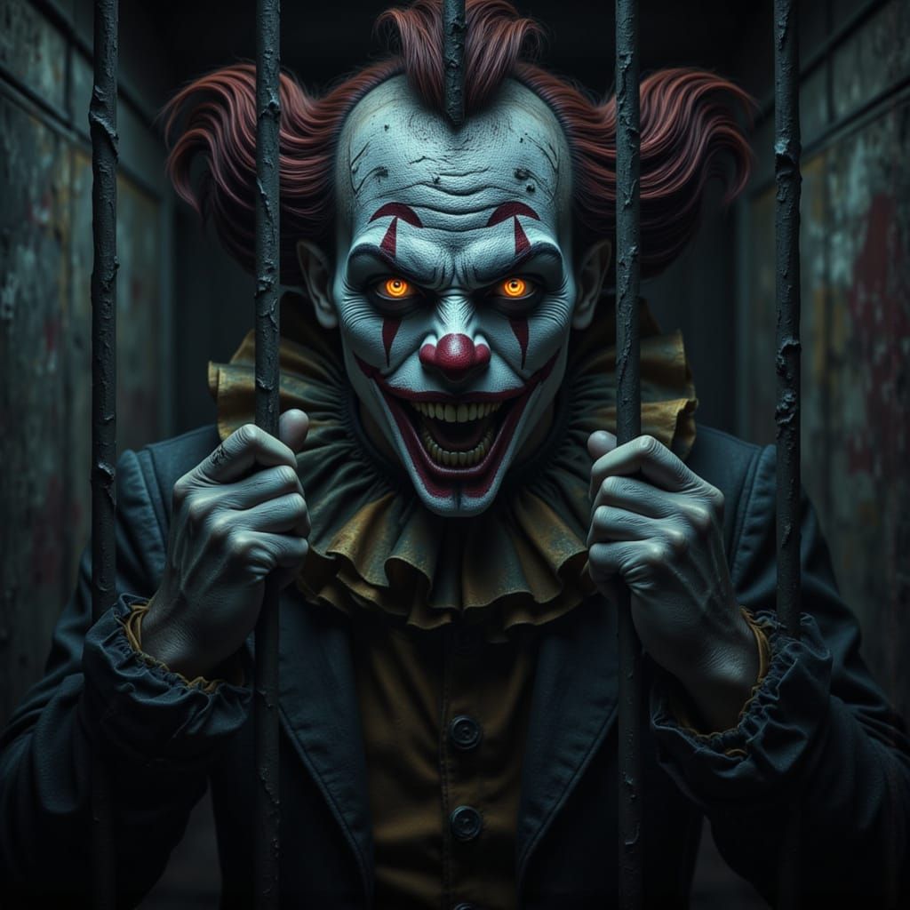 Manic Clown in Jail Cell with Glowing Eyes
