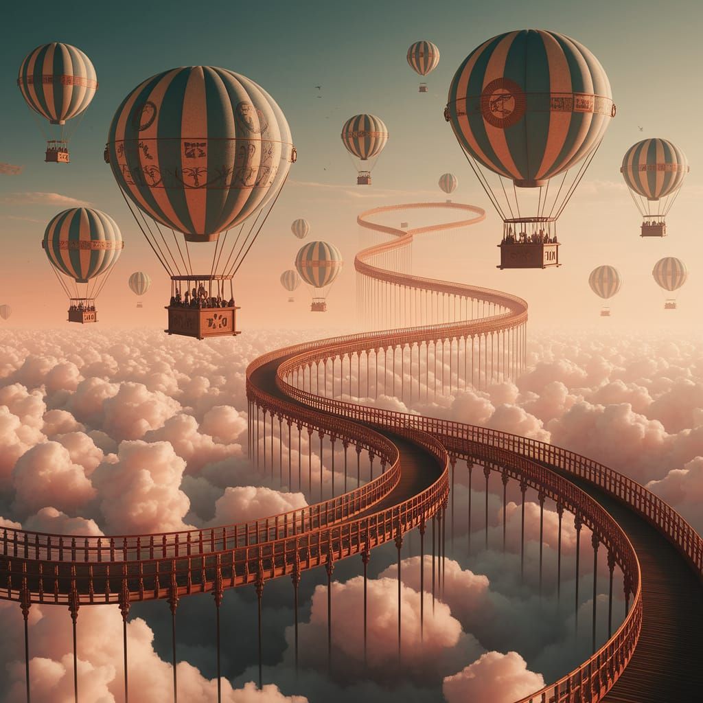 Surreal WWI Landscape with Floating Balloons and Bridges