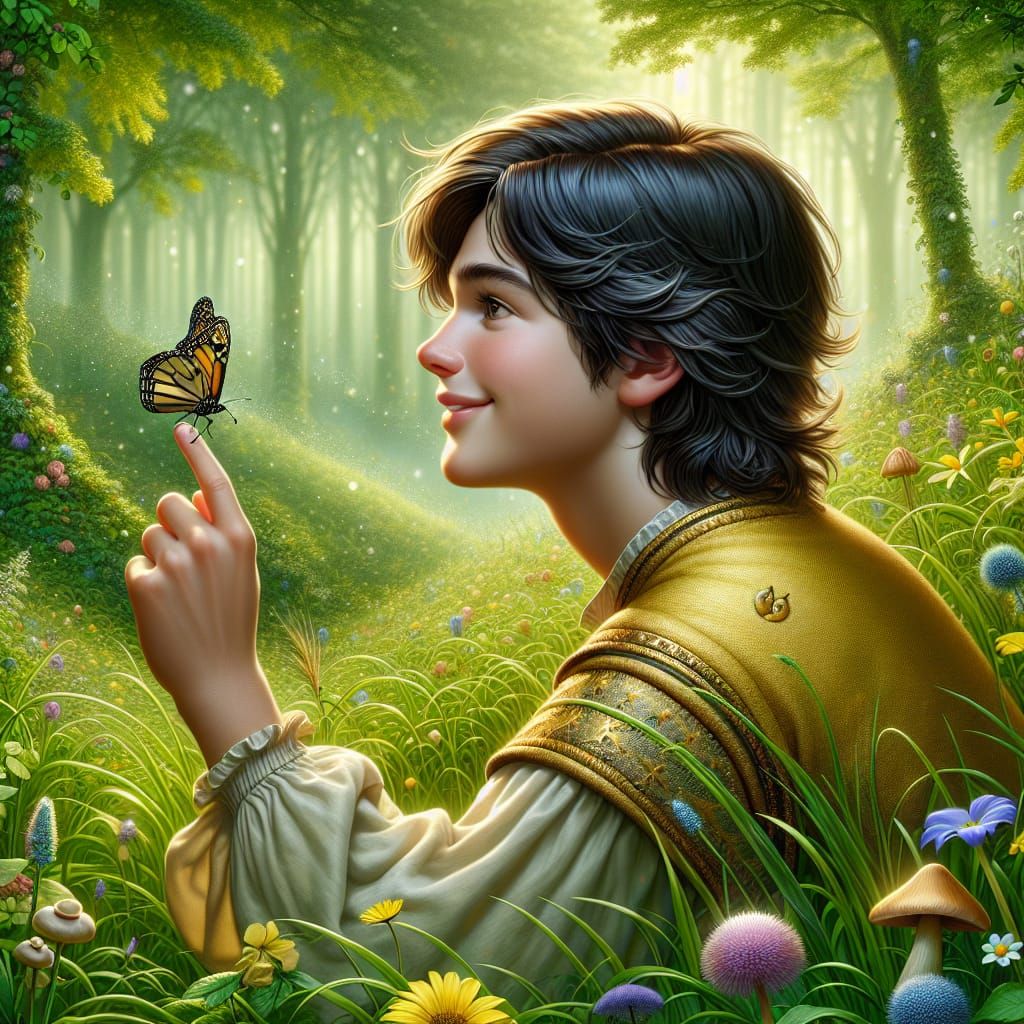 Boy with Butterfly in Hypermaximalist Meadow