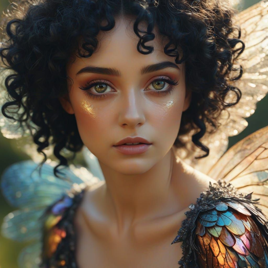 Dreamlike Fairy with Iridescent Wings in Surreal Sunlight