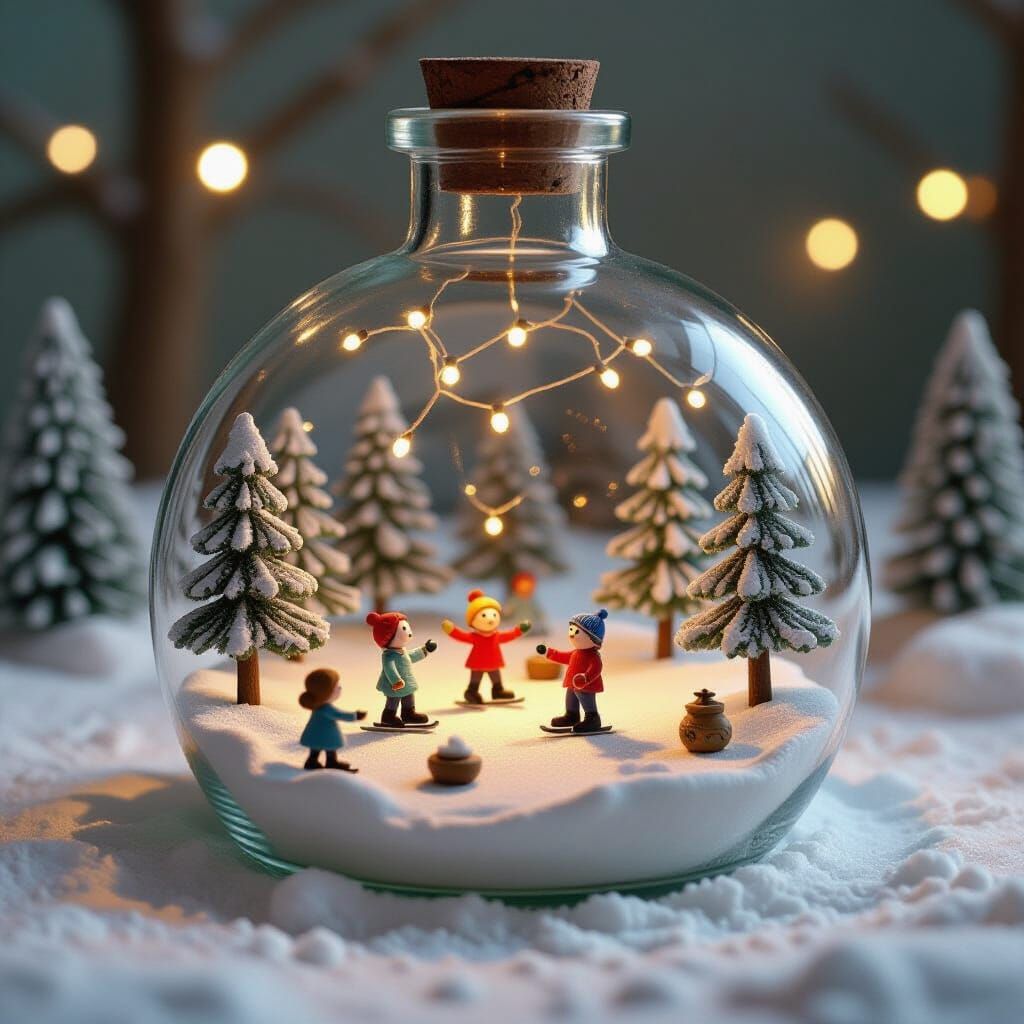 Miniature Winter World in a Bottle, Claymation Style