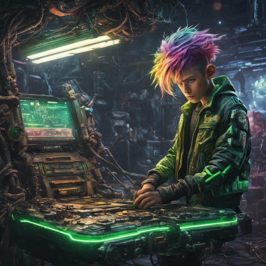 Cyberpunk Monkey Mechanic Repairs Spaceship in Grungy Shop