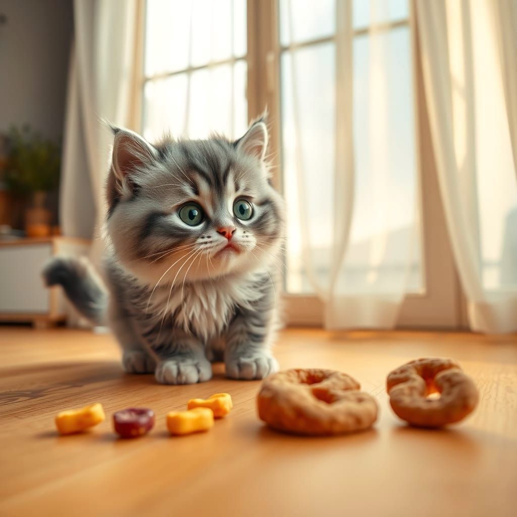 Whimsical Cat Sniffs Treat Trail in Cozy Modern Flat