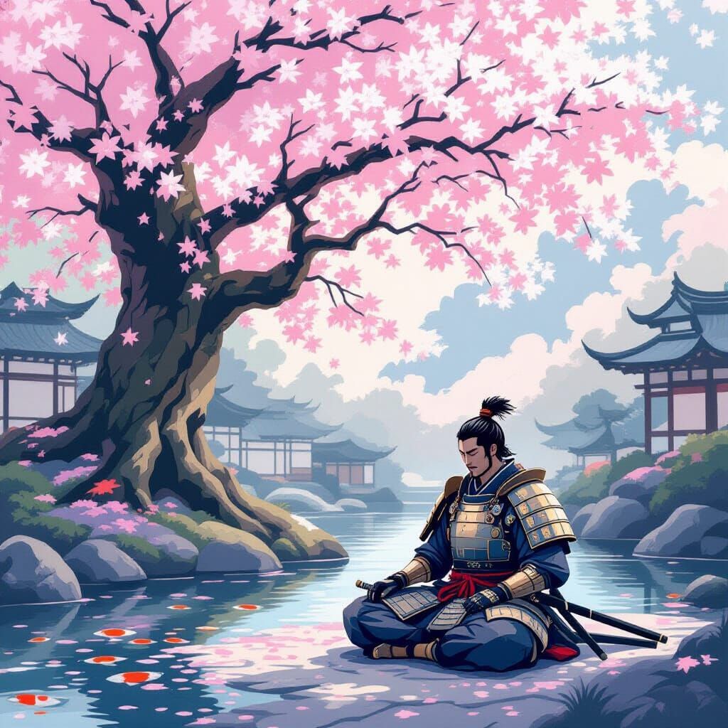 Samurai Meditating Under Luminous Cherry Blossoms