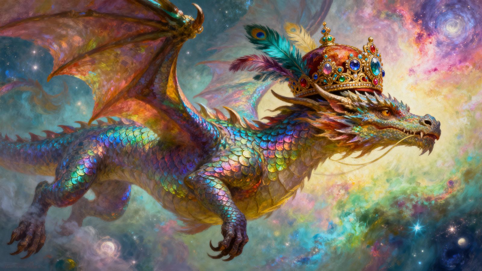 Majestic Dragon Soars Through Nebula in Oil Painting Style
