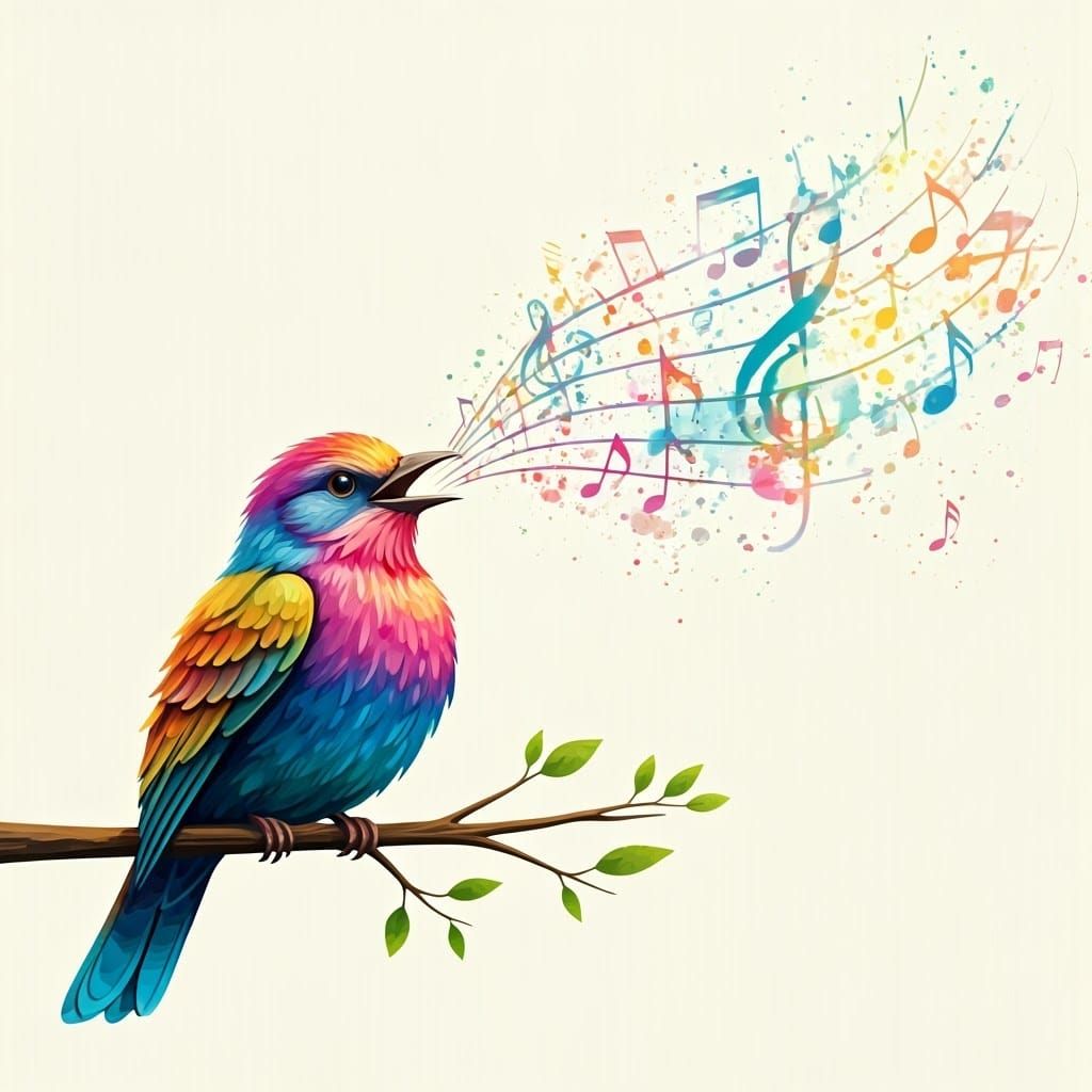 Colorful Bird Singing Watercolor Music Notes