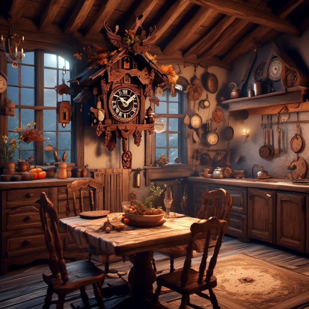 Cuckoo Clock in Old Kitchen: Detailed Matte Painting