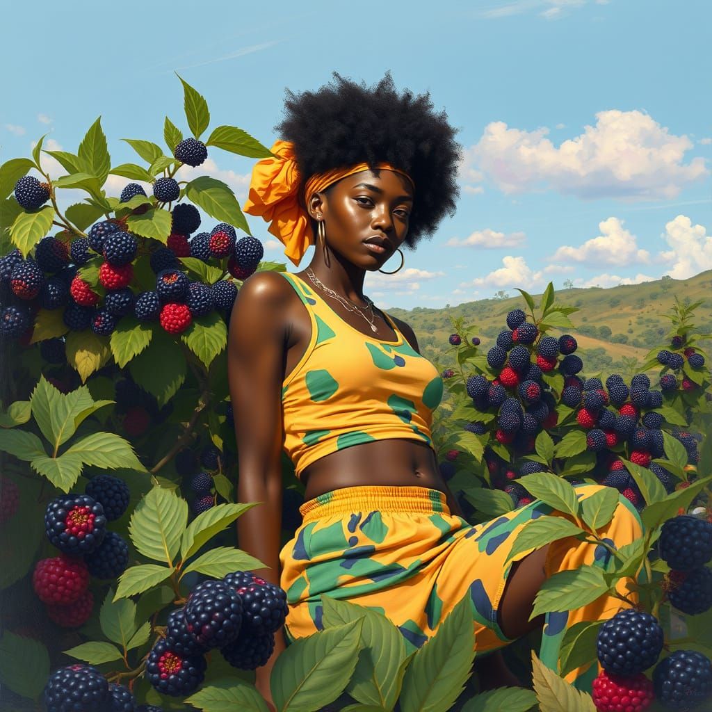 Afro-Surrealist Woman with Blackberries, Vibrant Art