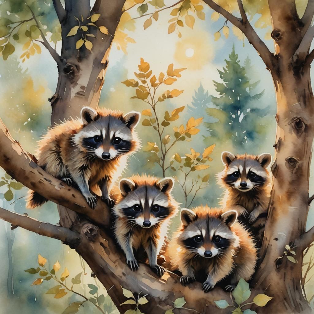 Watercolor Raccoons in a Sunny Woodland Scene