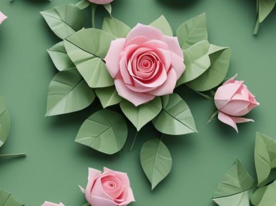 Pink Rose Origami Papercraft in Green Garden