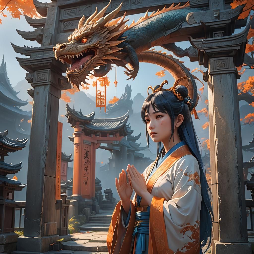 Anime Girl with Dragon Ears Praying at Shrine Gate