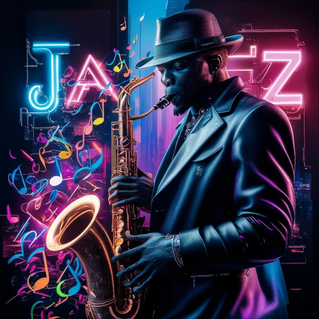 Cyberpunk Saxophonist in Neon Jazz Scene