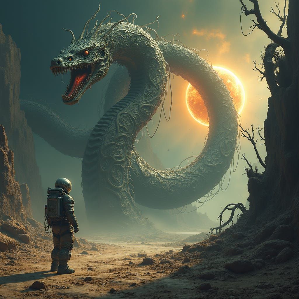 Astronaut and Biomechanical Serpent Coiling a Dying Star