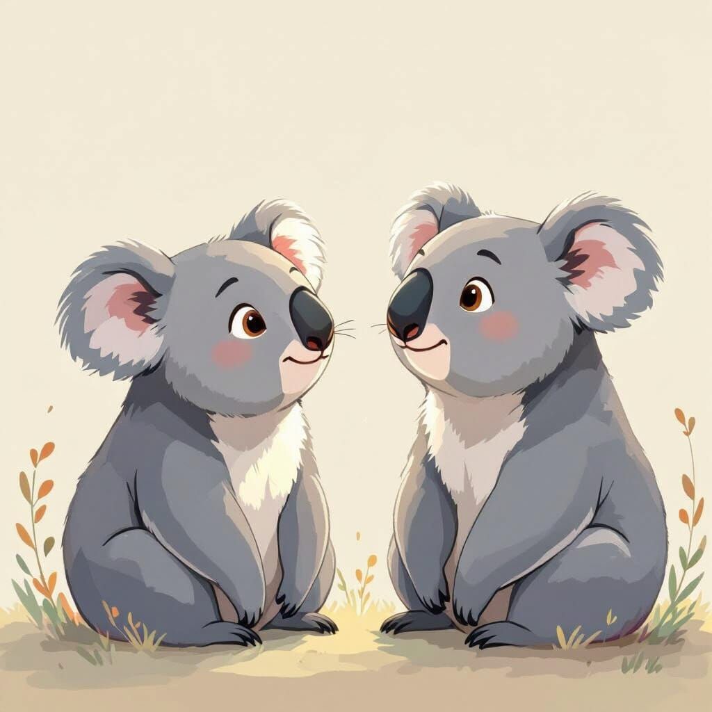 Two Cartoon Koalas Looking Right in Soft Light