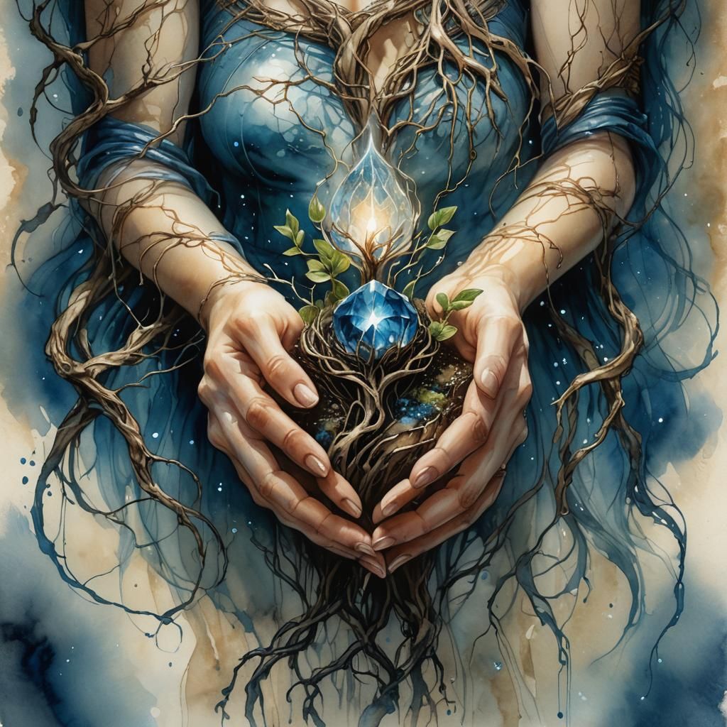 Glowing Seedling in Woman's Hands: Art Nouveau Style