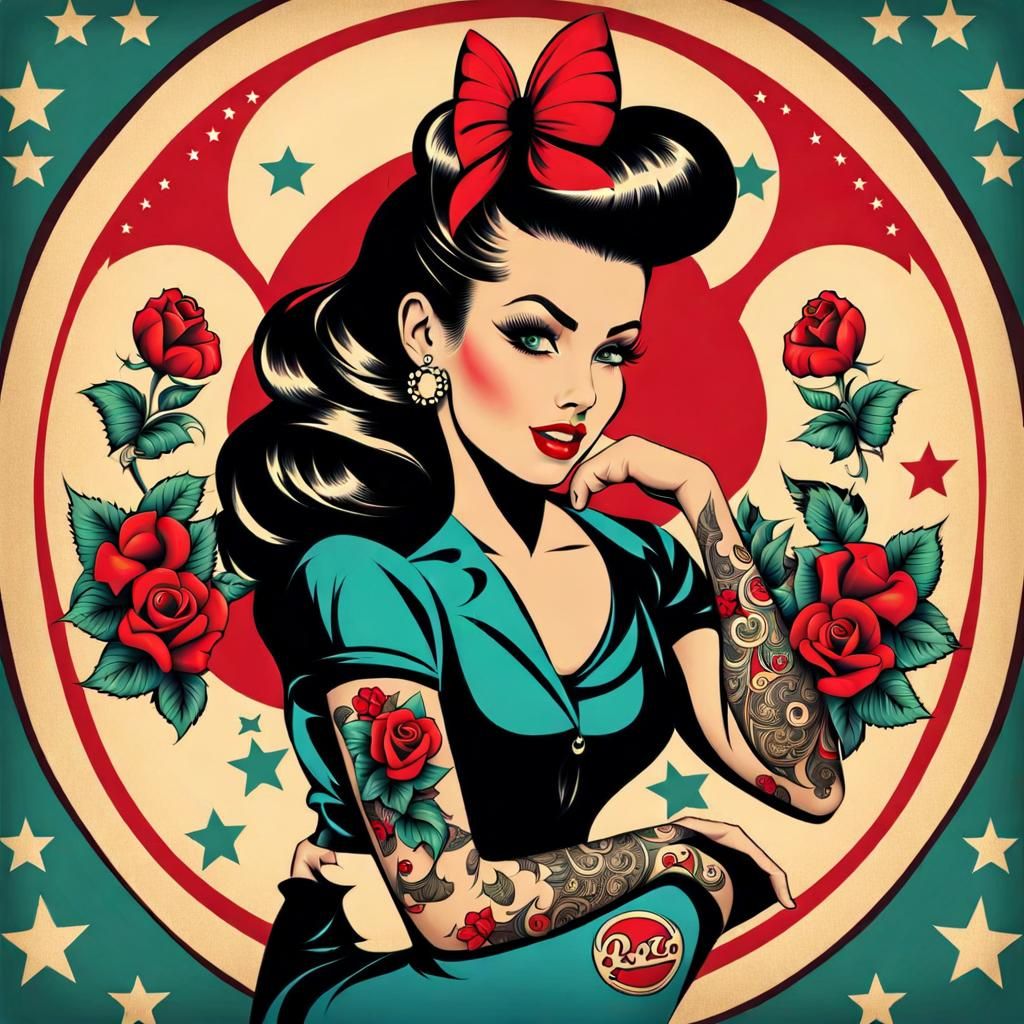 Retro poster rockabilly girl with rose tattoos
