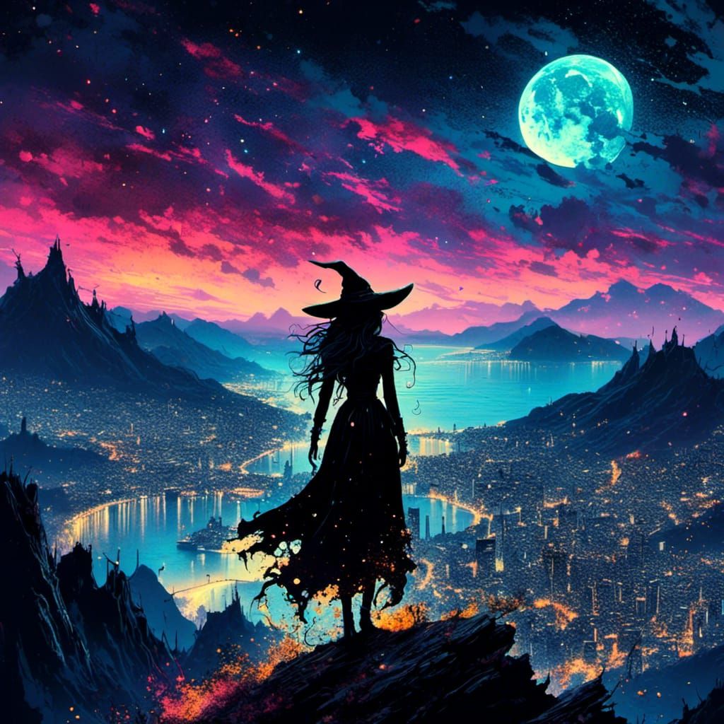 Witch Silhouette Over City in Inkpunk Style