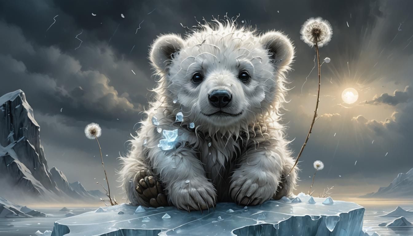 Arctic Bear Cub Dandelion in Stormy Northern Lights