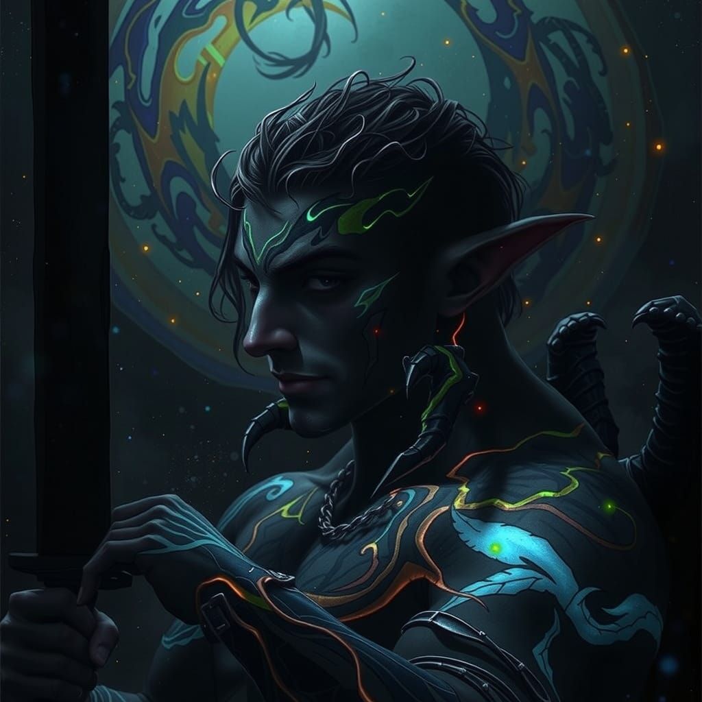 Dark Fae Warrior with Glowing Tattoos and Eldritch Aura