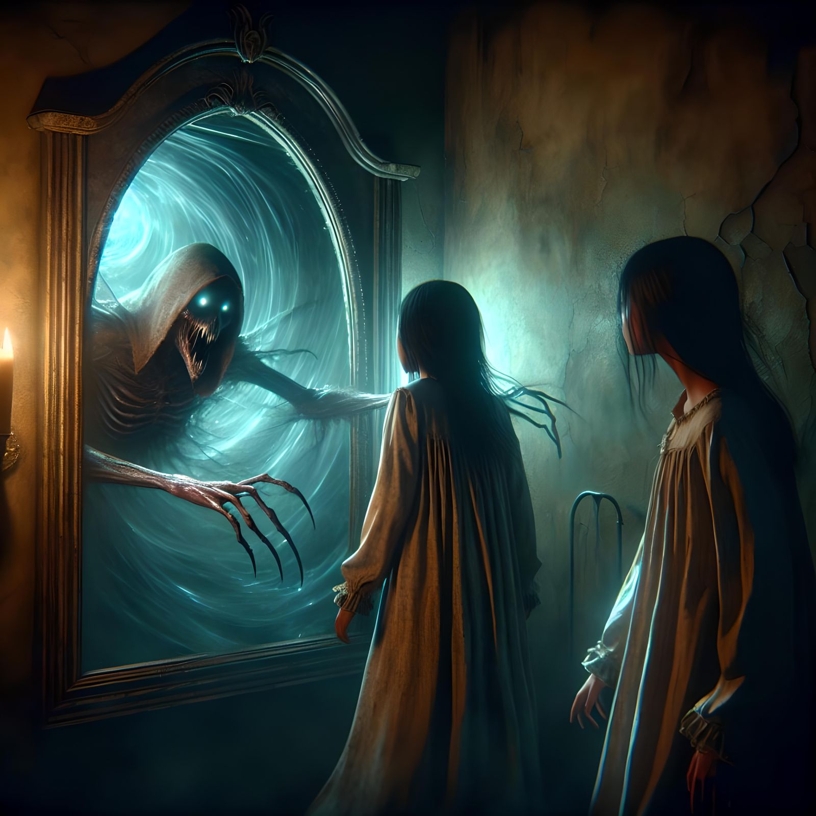 Eerie Portal Reflected in Dimly Lit Mirror