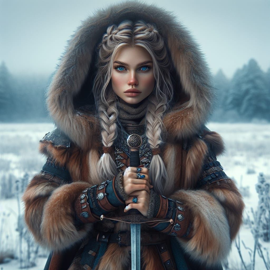 Nordic Woman Warrior in Snowy Field