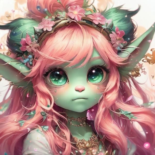 Adorable Green Troll Portrait in Vaporwave Style