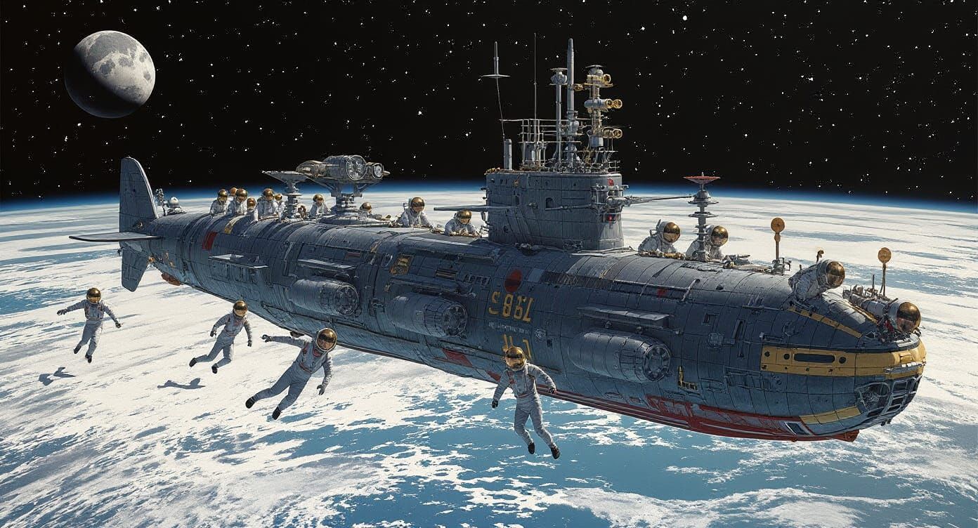 Astronauts and WWII U-Boat Spaceship Above Moon
