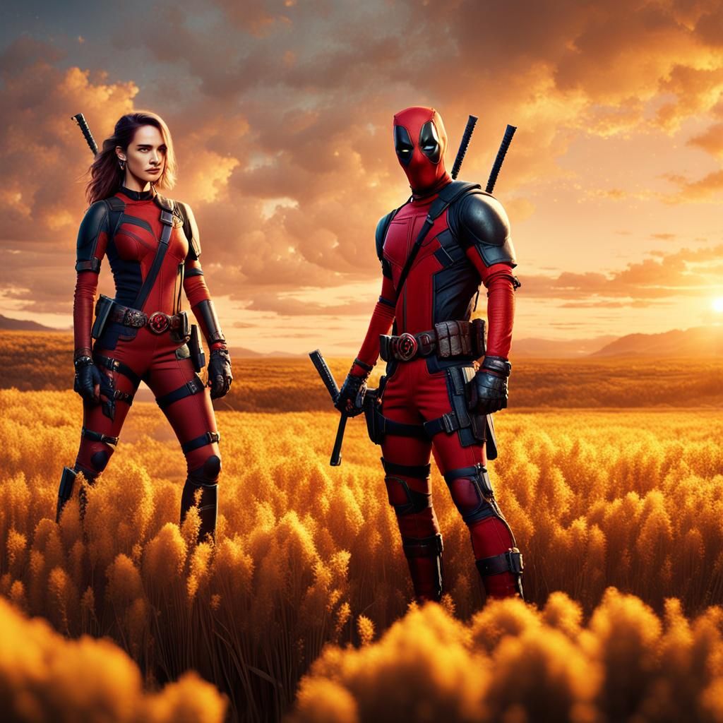 Superhero and Deadpool in Golden Field: Digital Art
