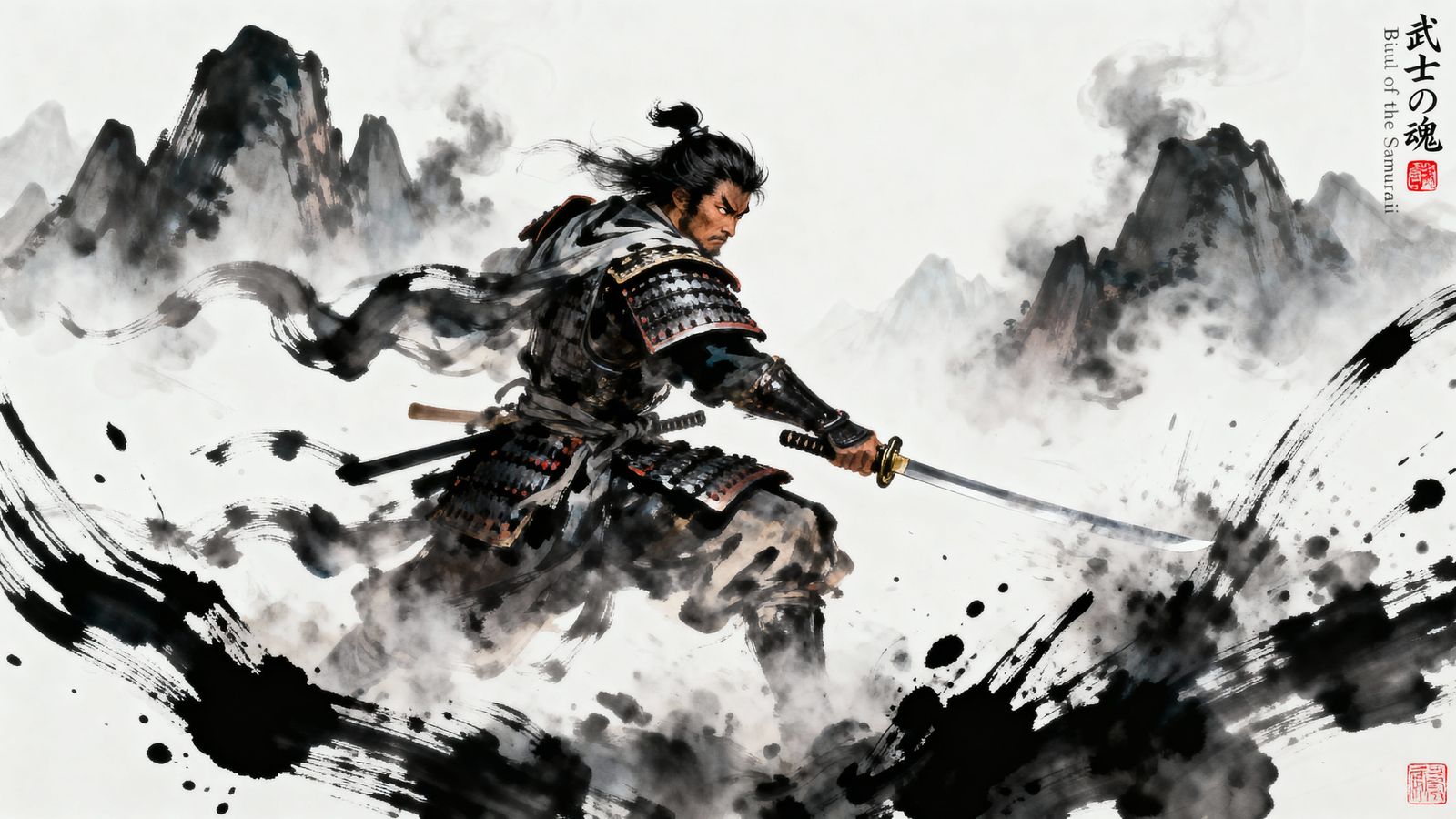 Samurai Warrior in Battle: Sumi-e Ink Painting Style