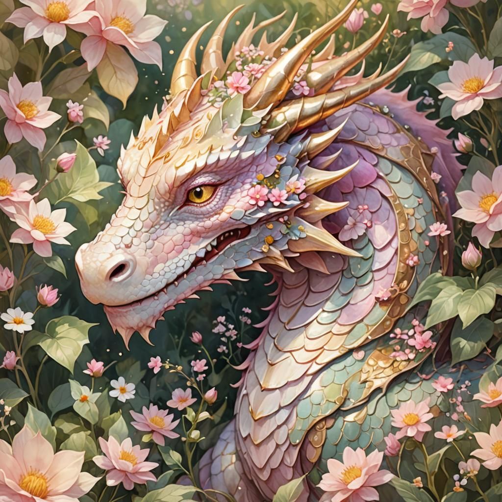 Sleeping Flower Dragon in Watercolor Garden