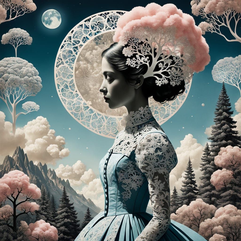 Whimsical Surrealist Collage with Fantastical Figure and Dre...