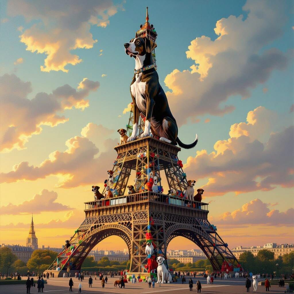 Eiffel Tower Sculpture Made of Dogs in Surrealist Style