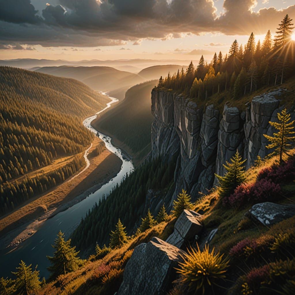 Man Stands on Cliff, Forest Below, Golden Light of Sunset