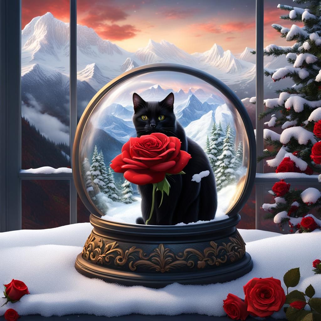 Snow Globe: Black Cat with Rose in Winter Scene
