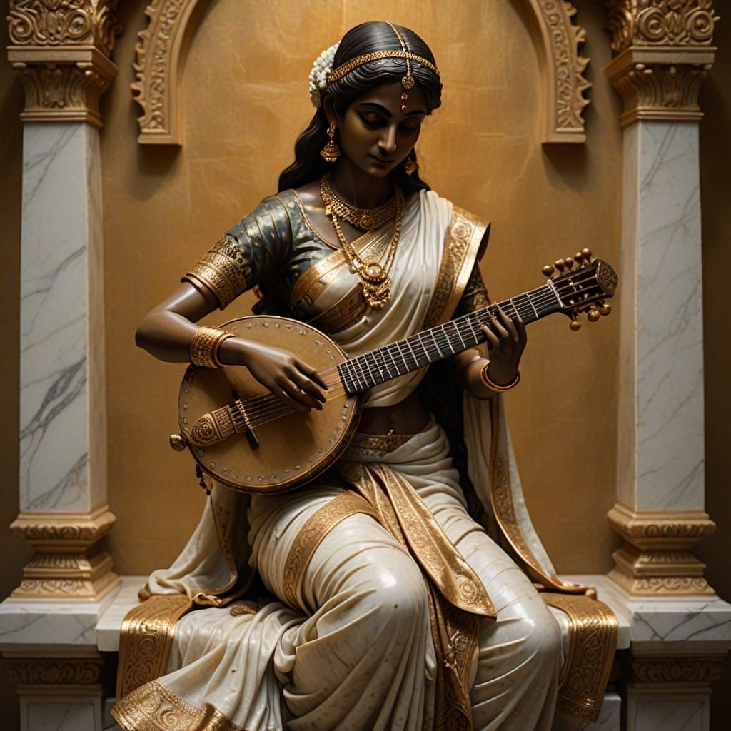 Baroque Marble Sculpture of Sitar Player