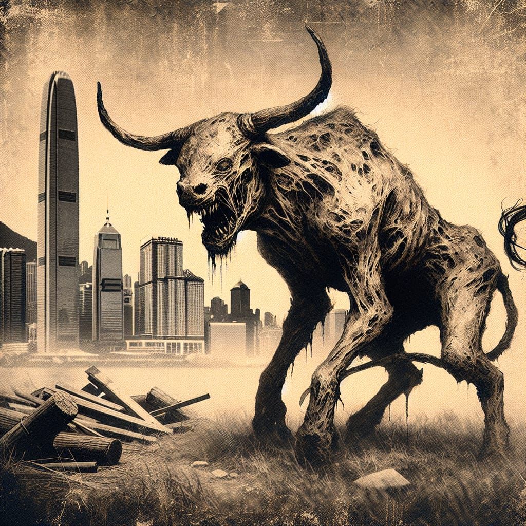 Terrifying Cattle Creature in Sepia-Toned Pixel Art