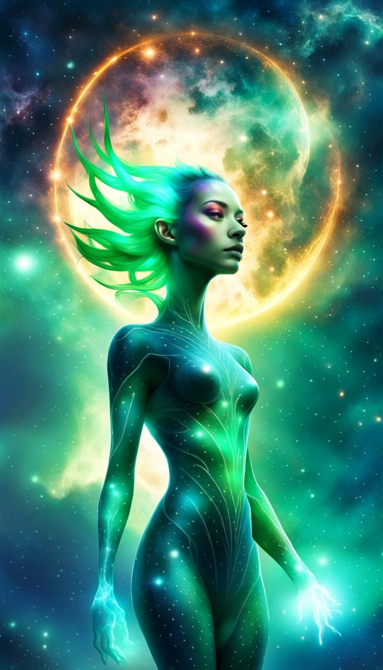 Cosmic Alien Girl Made of Lightning Nebula