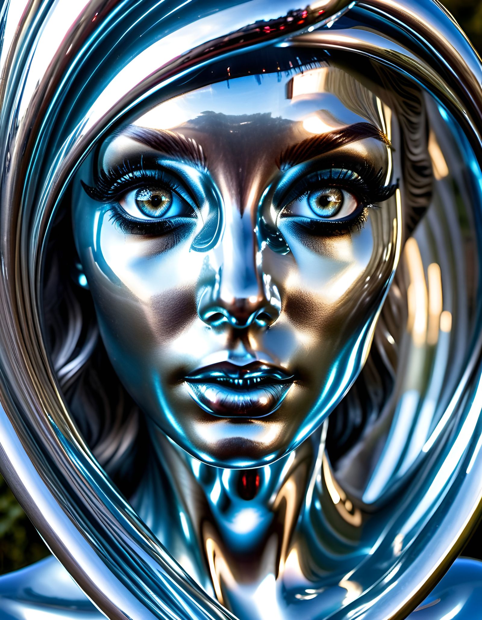 Reflective Silver Woman Sculpture in Gratescape