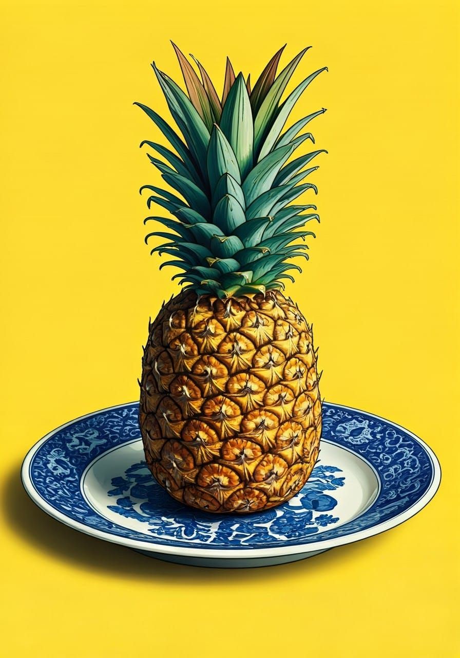 Vibrant Still Life with Pineapple and Traditional Chinese Ce...