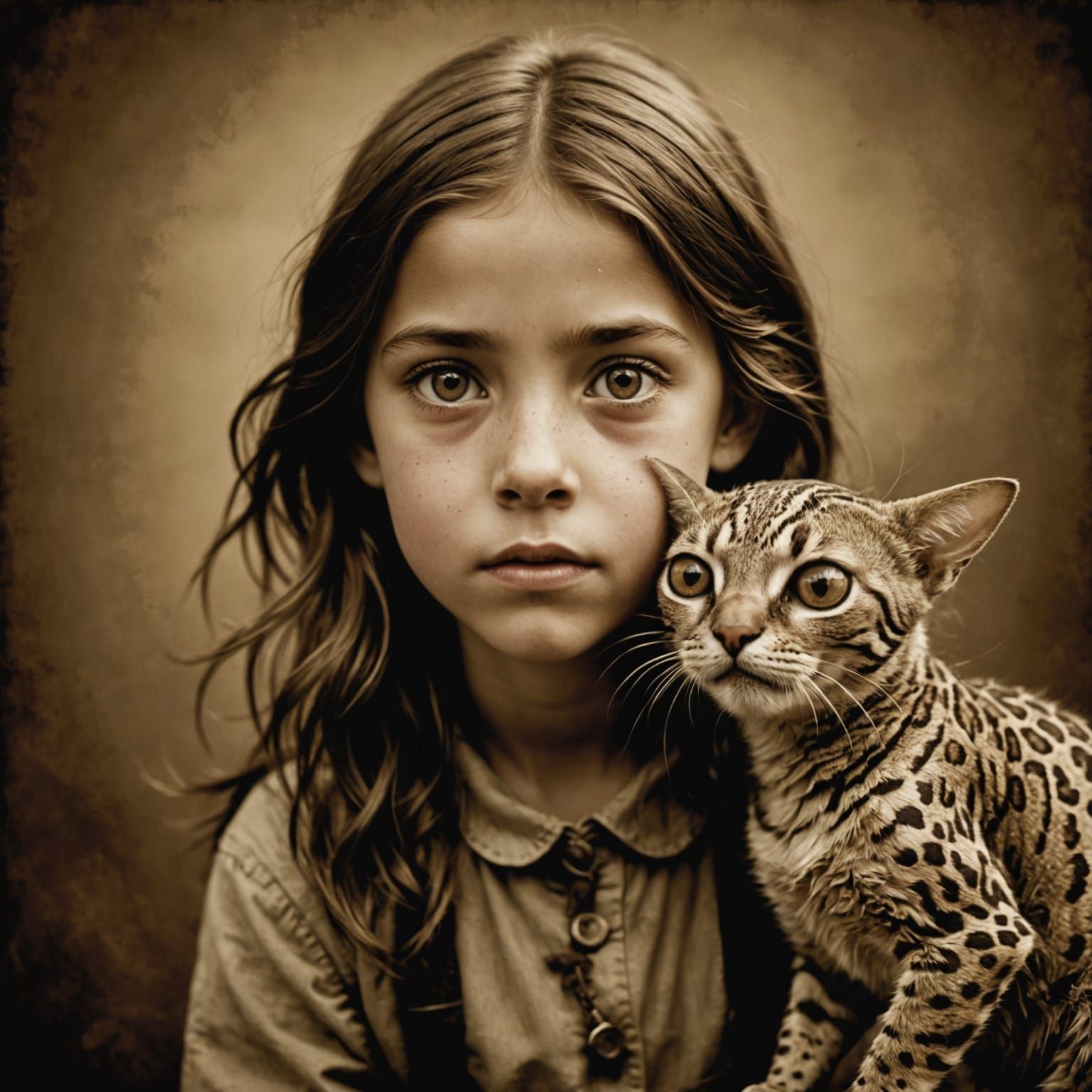 Vintage Sepia Portrait of Girl with Bizarre Pet