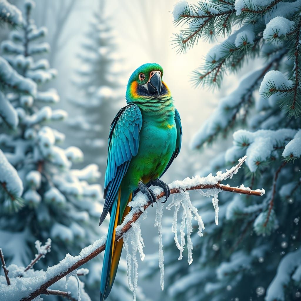 Blue Macaw in Winter Wonderland, Pop Art Style