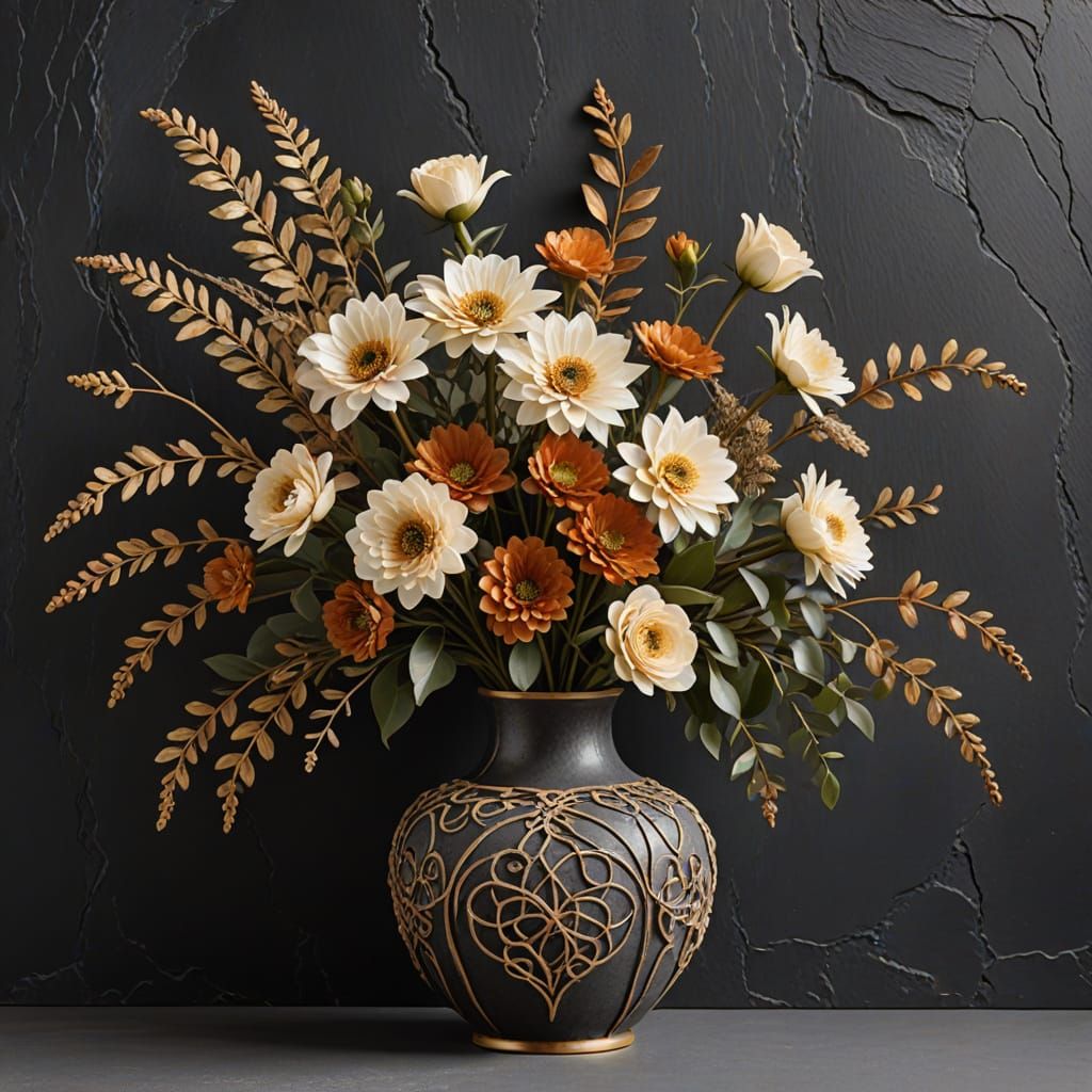 Art Nouveau Vase with Leather Flowers and Gold