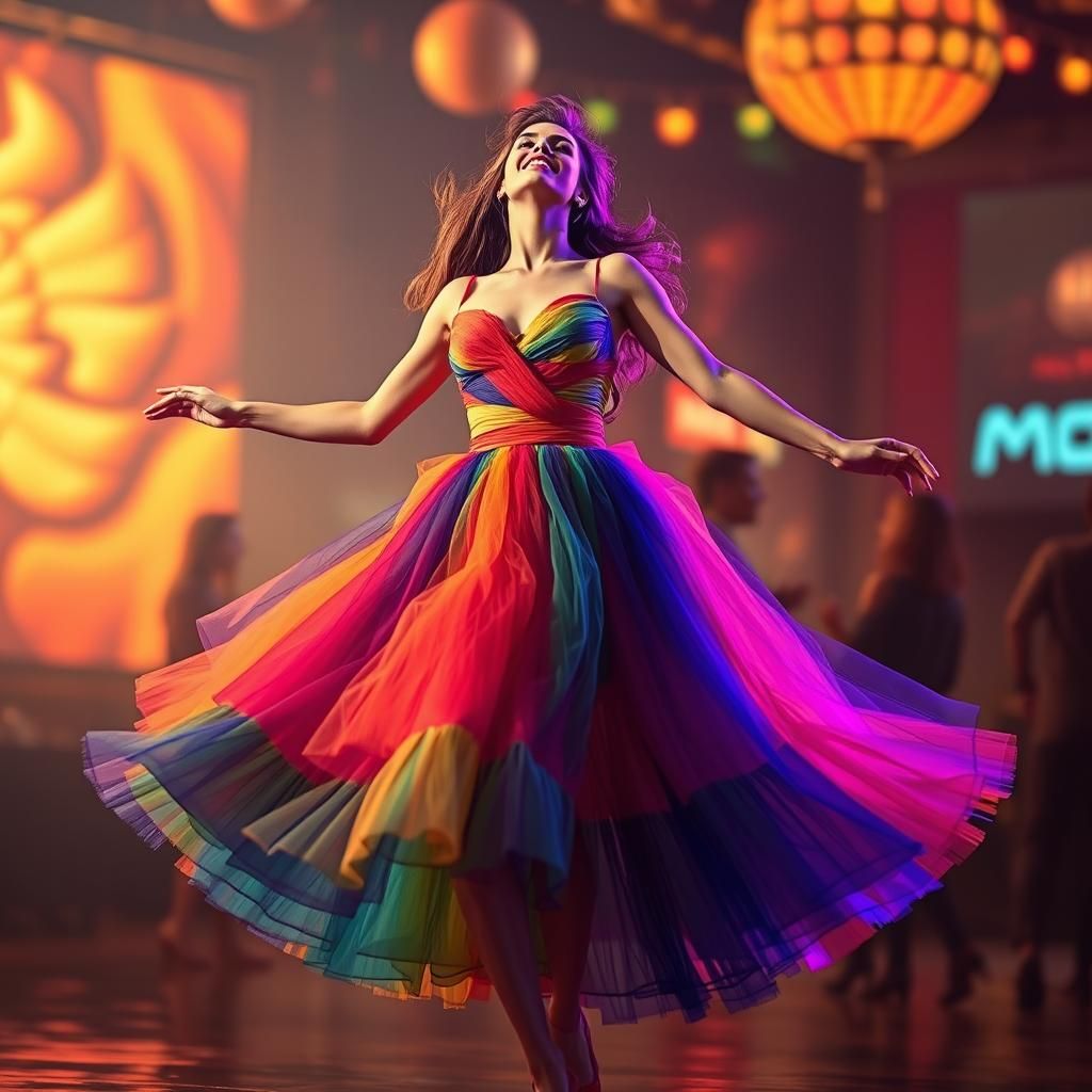 Woman Dancing in Flowing Dress, Vintage Disco Style