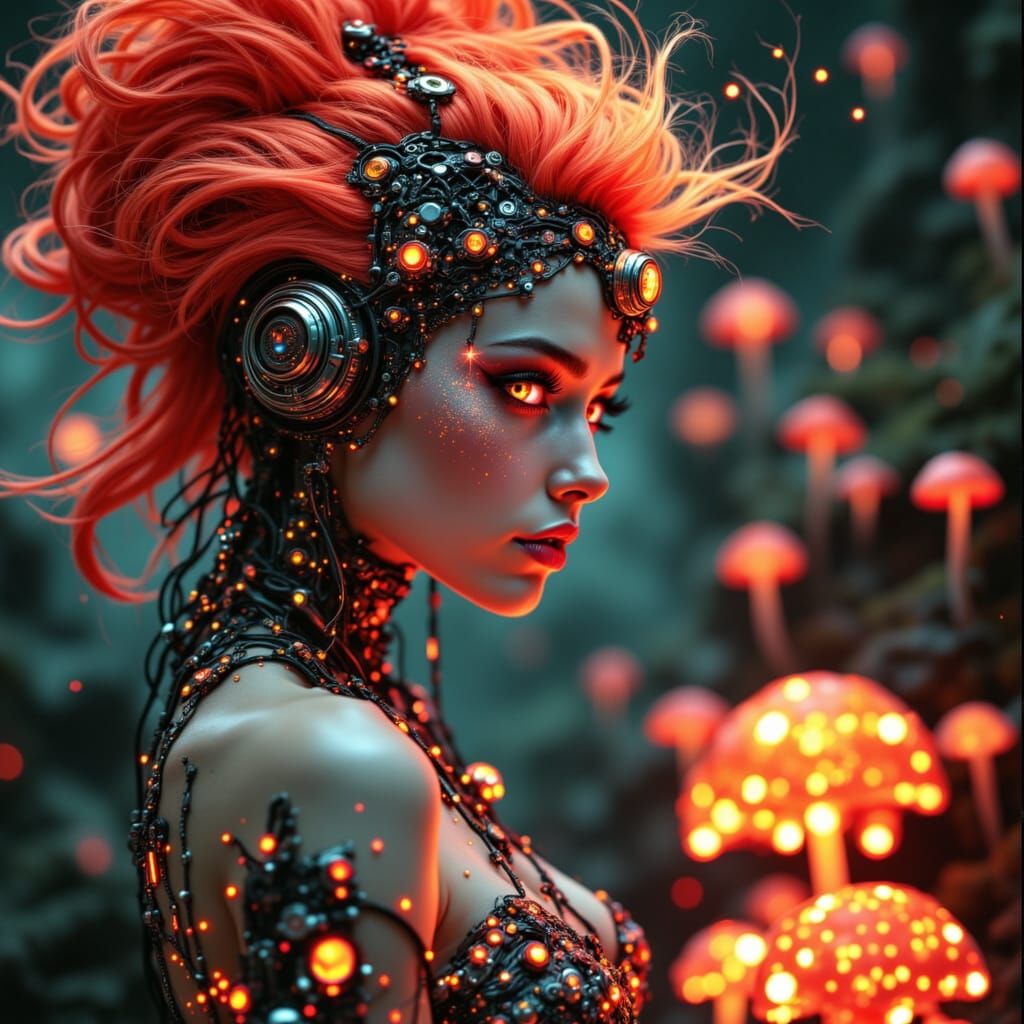 Cyborg Queen in Bioluminescent Grotto, Folk Art Nouveau Styl...