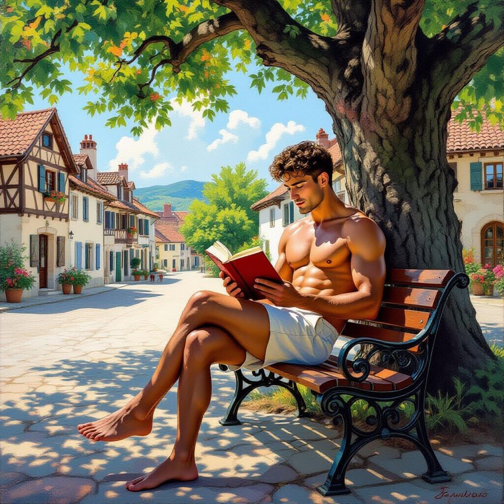 Gay Man Reading Book on Bench in Village Square