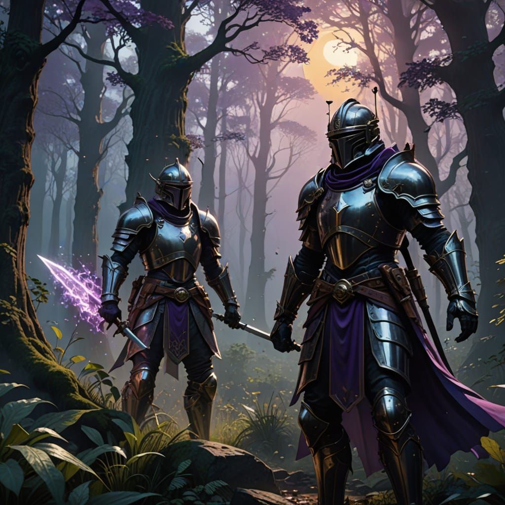 Epic Dark Fantasy Duel in a Misty Moonlit Forest