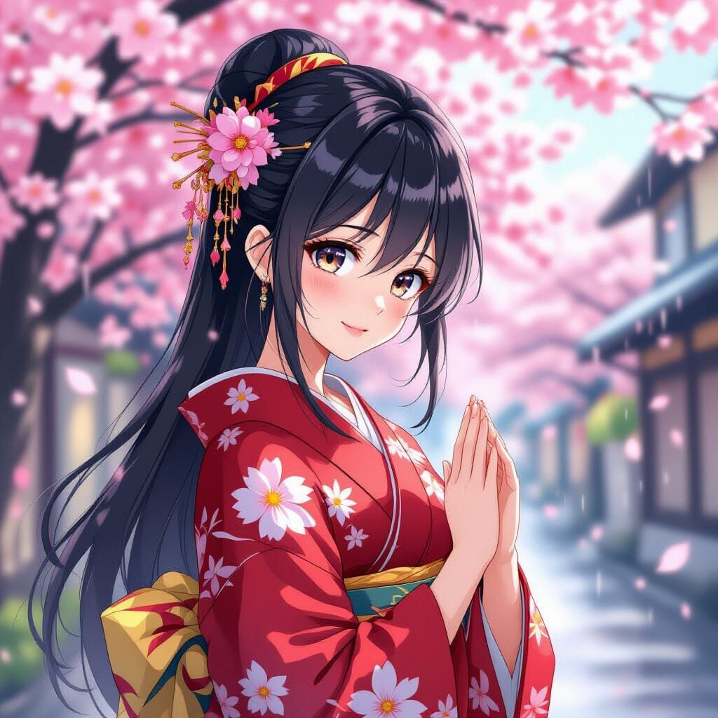 Graceful Japanese Woman in Kimono Amidst Cherry Blossoms