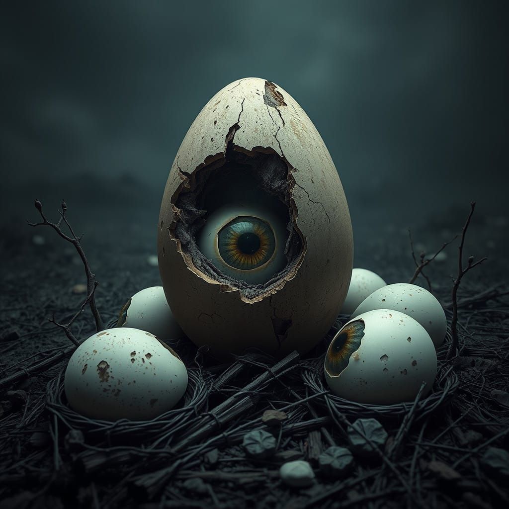 Surreal Dark Eggs Confronting the Void in Photorealistic Sty...